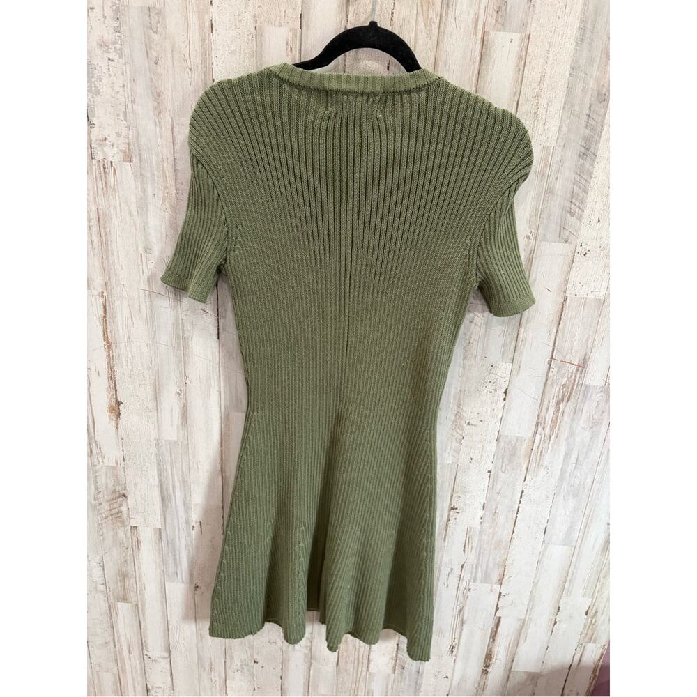 French Connection Olive Green Ribbed Knit Mini Dress XS Gold Button Short Sleeve - Picture 3 of 7